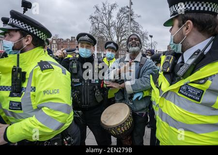 Coronavirus: Police break up and make arrests during an attempted anti-lockdown music event in Brixton’s Windrush Square, London, UK.