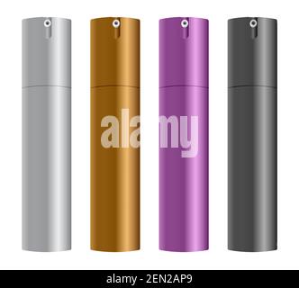 Mist spray bottle. Parfum bottle mockup, small cosmetics atomizer, cylinder aerosol package for perfume, gold tube for fragrance, cologne, travel can, Stock Vector
