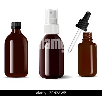 Medical bottle brown glass. Cosmetic container, 3d vector isolated on white. Small serum dropper vial mockup. Essence spray aerosol packaging. Apothec Stock Vector