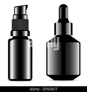 Serum bottle black mockup. Dropper bottle, essence flask mock up. Skin foundation cream flacon. Aroma oil vial, glossy black glass. Dispenser bottle f Stock Vector