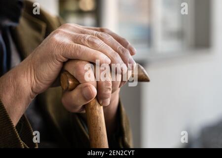 Close up on hands of unknown old caucasian man pensioner senior holding cane walking stick while sitting and waiting - real people old age senility co Stock Photo