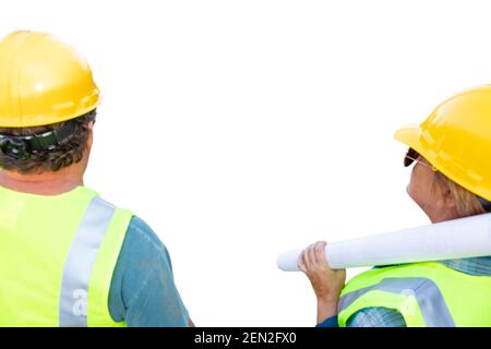 Female and Male Contractors Facing White Background Ready For Your Own Image. Stock Photo