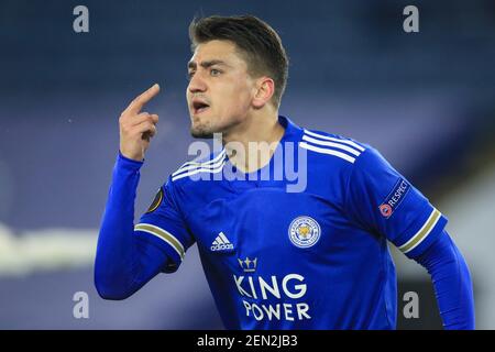 Leicester, UK. 25th Feb, 2021:  Cengiz Under #19 of Leicester City reacts during the game in Leicester, UK on 2/25/2021. (Photo by Mark Cosgrove/News Images/Sipa USA) Credit: Sipa USA/Alamy Live News Stock Photo