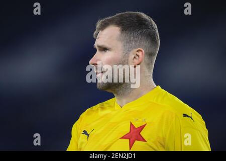 Leicester, UK. 25th Feb, 2021:  Ond?ej Kolá? (1) of Slavia Prague during the game in Leicester, UK on 2/25/2021. (Photo by Mark Cosgrove/News Images/Sipa USA) Credit: Sipa USA/Alamy Live News Stock Photo