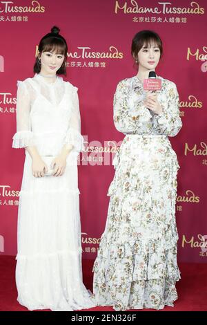 Chinese actress Andy Yang or Yang Zi looks at the wax figure of her ...