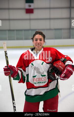 Portrait of Macarena Cruz Ceballos, 23, one of the defender of the Selección femenil de México de hockey, after a match at the Winter Sports Center Metepec in Metepec, State of Mexico, Mexico on February 15, 2019. The team played against the Buffalos Metepec in the “Midget” Hockey League, the score was 3-3. Macarena lives with her parents in San Jerónimo Lídice, an affluent residential neighborhood in Mexico City. Her brother lives in Canada, where he plays ice hockey in the Junior League. She studies economics and finance at the Monterrey Institute of Technology, at the Mexico City campus. Sh