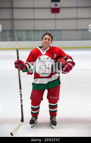 Portrait of Macarena Cruz Ceballos, 23, one of the defender of the Selección femenil de México de hockey, after a match at the Winter Sports Center Metepec in Metepec, State of Mexico, Mexico on February 15, 2019. The team played against the Buffalos Metepec in the “Midget” Hockey League, the score was 3-3. Macarena lives with her parents in San Jerónimo Lídice, an affluent residential neighborhood in Mexico City. Her brother lives in Canada, where he plays ice hockey in the Junior League. She studies economics and finance at the Monterrey Institute of Technology, at the Mexico City campus. Sh
