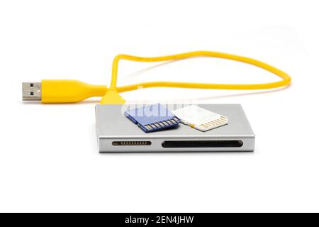 Close up USB 3.0 Card reader with SD (micro SD) card isolated on white background. Stock Photo
