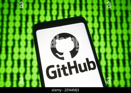 Ukraine. 25th Feb, 2021. In this photo illustration a GitHub logo of a provider of Internet hosting for software development is seen on a smartphone screen Credit: Pavlo Gonchar/SOPA Images/ZUMA Wire/Ģ����ý Live News Stock Photo