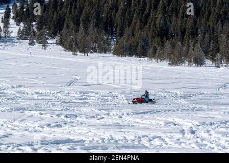 Snowmobile in a meadow,  Sawtooth Valley, Idaho. Stock Photo