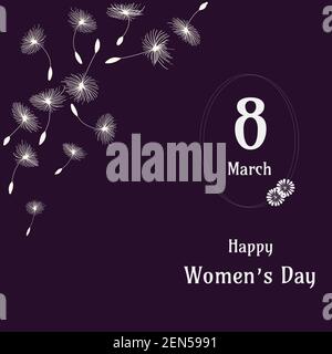 Celebration theme for international happy women's day on 8 march with flying dandelion on dark violet background for wishes card, greeting card, socia Stock Vector