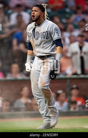 June 11, 2019: San Diego Padres shortstop Fernando Tatis Jr. (23)  celebrates scoring, during a MLB game between the San Diego Padres and the  San Francisco Giants at Oracle Park in San