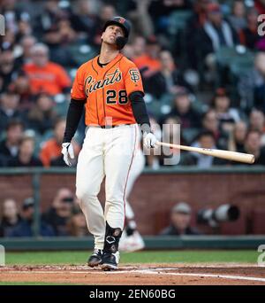 June 14, 2019: San Francisco Giants first baseman Pablo Sandoval (48) heads  to first base, during a MLB game between the Milwaukee Brewers and the San  Francisco Giants at Oracle Park in