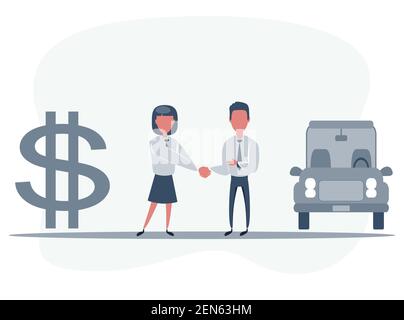 Car showroom. Purchase sale or rental car. Seller man hands over the car to owner. Stock Vector