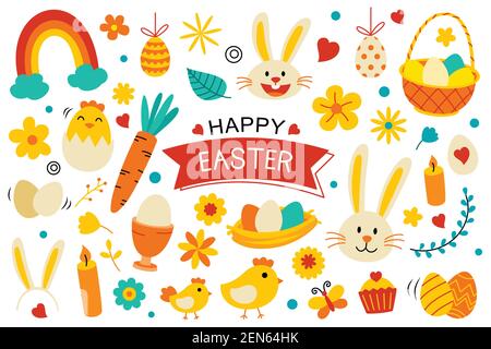 Happy easter elements flat design. Easter set with object and decorations on white background. Stock Vector