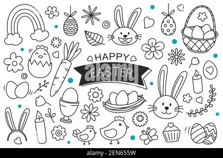 Easter eggs hand drawn on white background. Happy easter isolated element objects. Stock Vector