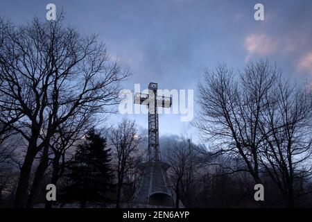 Montreal Mont-Royal Cross during snow storm Stock Photo