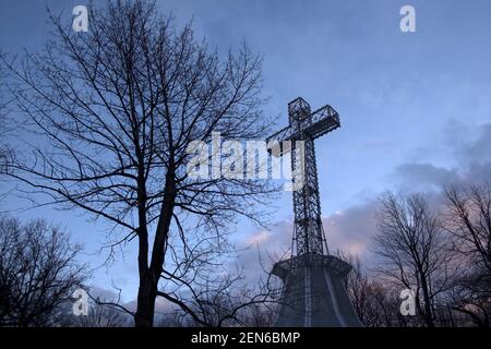 Montreal Mont-Royal Cross during snow storm Stock Photo