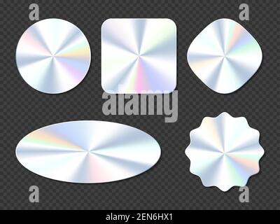 Holographic stickers, hologram labels of different shapes. Round, square, oval, rhombus and wavy iridescent foil or silver colored blank rainbow shiny emblems, Realistic 3d vector illustration, set Stock Vector