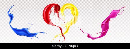 Splashes of liquid paints with swirls in heart shape isolated on transparent background. Vector realistic set of waves of colorful ink. Flows of red, blue, pink and yellow oil or acrylic dyes Stock Vector