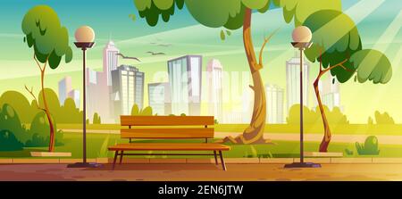 City park with green trees and grass, wooden bench, lanterns and town buildings on skyline. Vector cartoon summer landscape with empty public garden, birds and sun beams Stock Vector