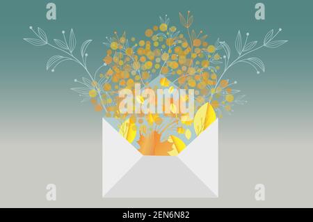 Spring concept design showing new growth coming from an envelope with colorful leaves and plants emerging from autumn. ideal for greeting cards, vecto Stock Vector