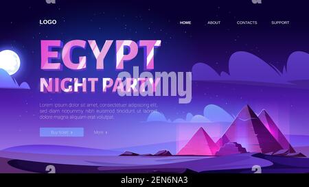 Egypt night party banner. Vector landing page of nightlife event with cartoon illustration of landscape with Egyptian pyramids with neon purple glow, sand desert, moon and stars in sky Stock Vector