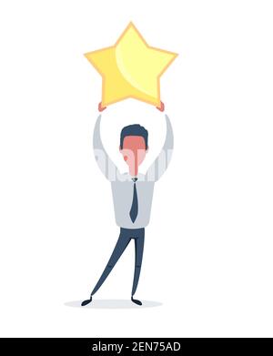 Businessman hold a big gold star. Victory, rating. Stock Vector