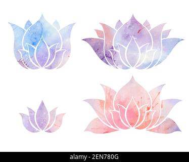 Set of silhouettes of watercolor lotuses. Purple and pink water lilies. Vector flowers for logos, icons and labels. Natural elements Stock Vector