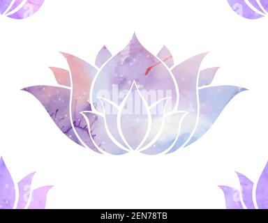 Seamless pattern with delicate watercolor lotuses. Pink and purple water lilies on a white background. Natural floral wallpaper. Fabric with silhouett Stock Vector