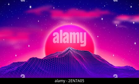 80s synthwave styled landscape with blue grid mountains and sun over ...