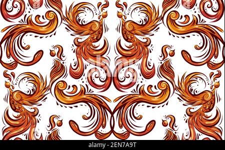 Vintage phoenix seamless pattern with curls and feathers. Wallpaper of orange birds with tails and wings on a white background. Bird damask fabric. Stock Vector