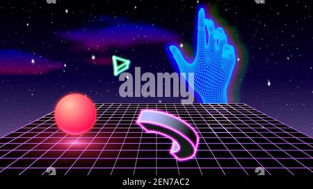 Vaporwave or synthwave abstract concept with glitchy glowing hand, neon shapes and grid floor. 80s or 90s styled surreal abstraction with neon colors Stock Vector