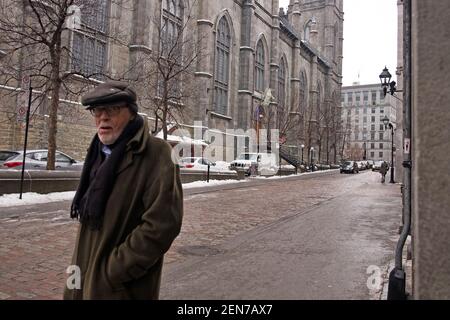 People Walking in Old Montreal on Cold Snowing Winter Day Stock Photo