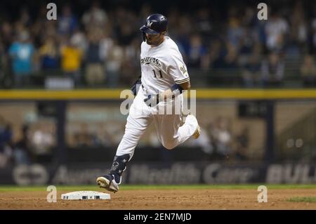 August 24, 2018: Milwaukee Brewers third baseman Mike Moustakas #18 during  the Major League Baseball game between the Milwaukee Brewers and the  Pittsburgh Pirates at Miller Park in Milwaukee, WI. John Fisher/CSM