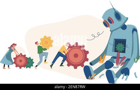 People bring gears to fix a broken robot Stock Vector