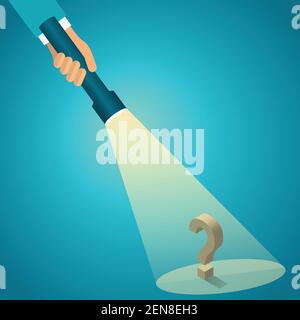 Hand of a man shines with flashlight on a question mark Stock Vector