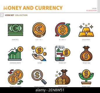 money and currency icon set,filled outline style,vector and illustration Stock Vector