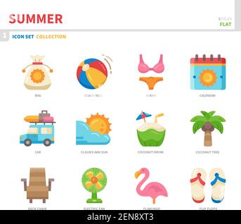 summer season icon set,flat style,vector and illustration Stock Vector