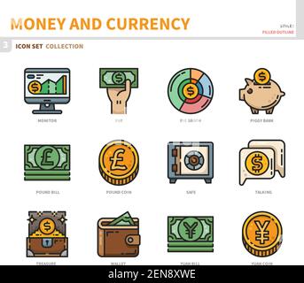 money and currency icon set,filled outline style,vector and illustration Stock Vector