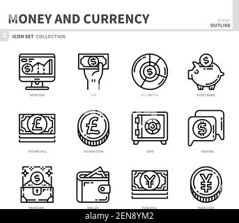 money and currency icon set,outline style,vector and illustration Stock Vector