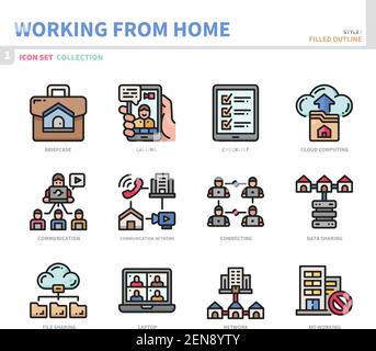 working from home icon set,filled outline style,vector and illustration Stock Vector