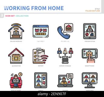 working from home icon set,filled outline style,vector and illustration Stock Vector