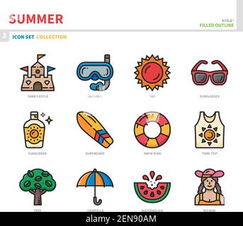 summer season icon set,filled outline style,vector and illustration Stock Vector
