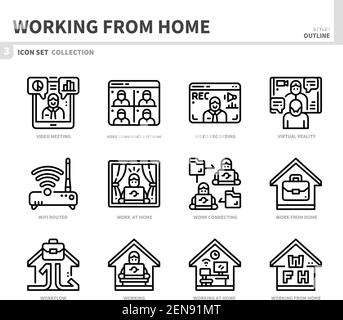 working from home icon set,outline style,vector and illustration Stock Vector