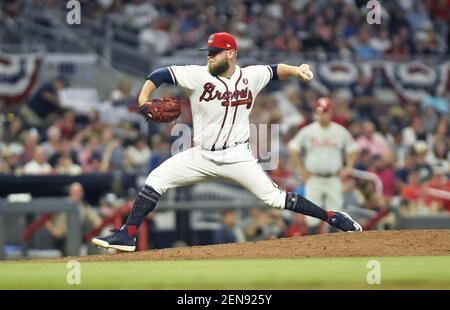 July 04, 2019: Atlanta Braves pitcher Mike Soroka delivers a pitch during  the first inning of a MLB game against the Philadelphia Phillies at  SunTrust Park in Atlanta, GA. Austin McAfee/(Photo by