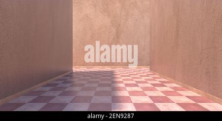Corridor interior, old ceramic tiles terracotta floor chessboard style and brown walls backdrop, mockup template. Retro, vintage flooring, red, pink c Stock Photo