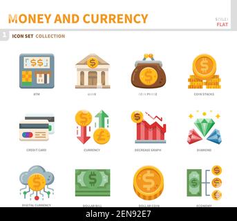 money and currency icon set,flat style,vector and illustration Stock Vector