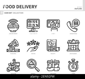 food delivery icon set,outline style,vector and illustration Stock Vector