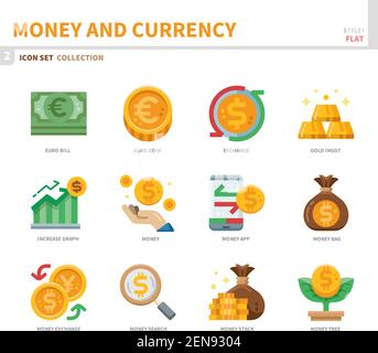money and currency icon set,flat style,vector and illustration Stock Vector